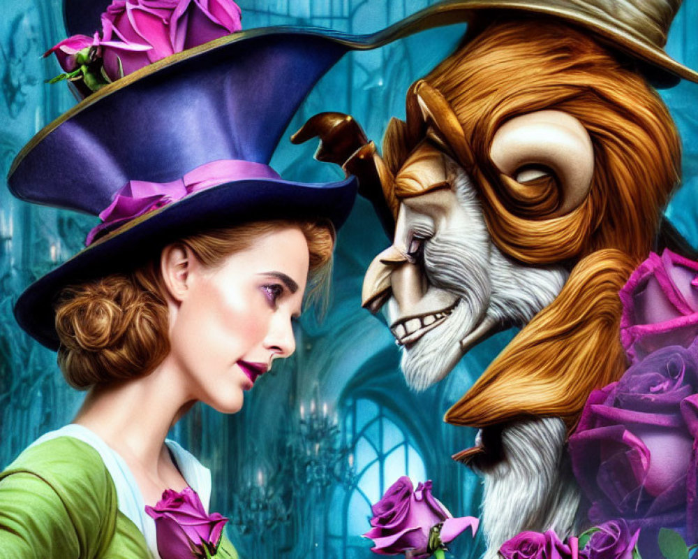 Woman in purple hat meets smiling creature among oversized roses in a blue fantasy scene