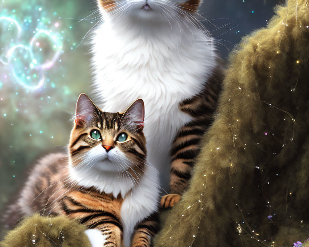 Realistic Cat Illustrations with Green Eyes on Cosmic Background