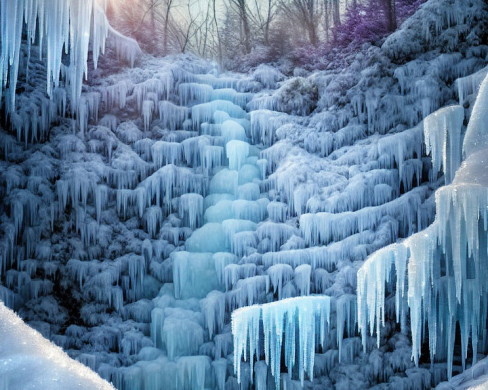 Frozen Waterfall with Icicles and Snow-Covered Rocks in Winter Landscape