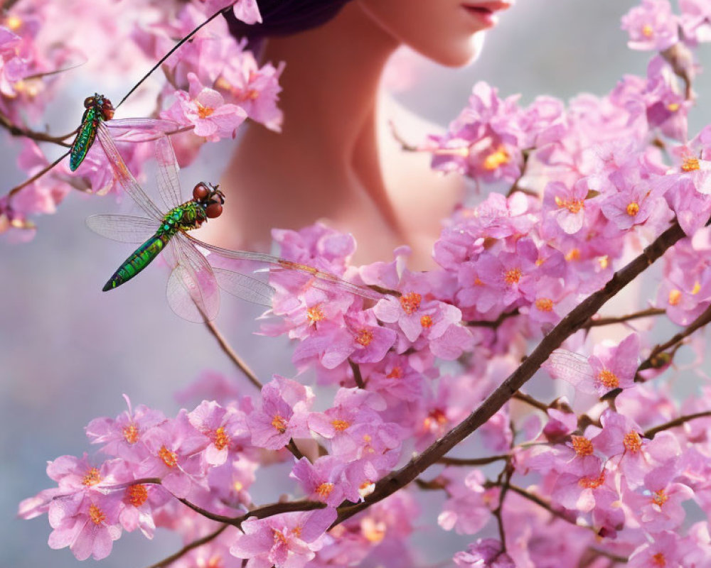 Person's Side Profile Among Pink Flowers with Dragonflies