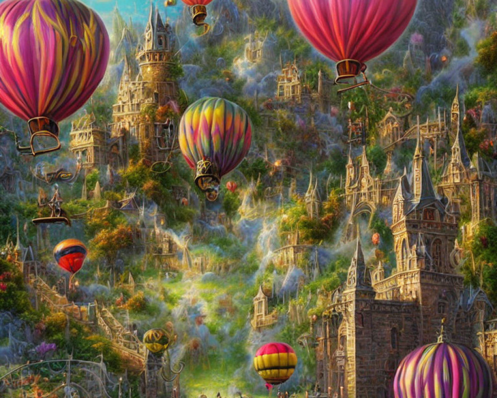 Colorful hot air balloons over enchanting castle in fantasy landscape