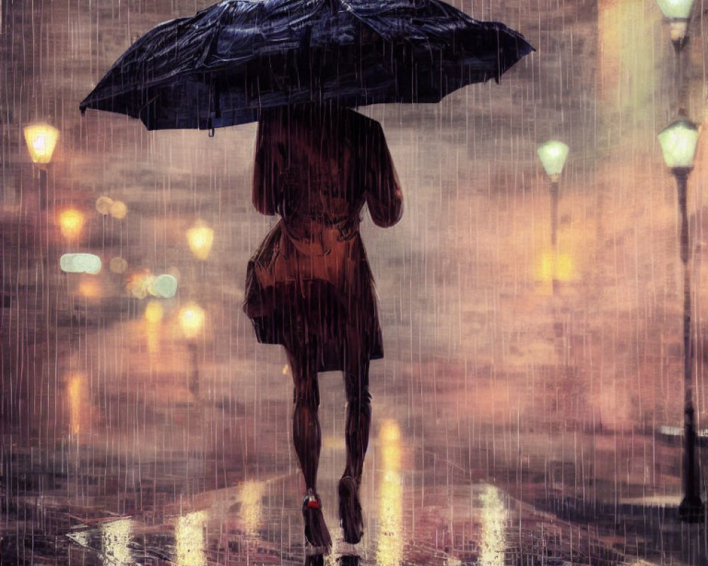 Person with Umbrella Walking on Wet, Reflective Street at Night in Rain