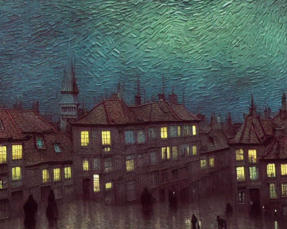 Nighttime Old-Town Scene with Illuminated Windows & Silhouetted Figures