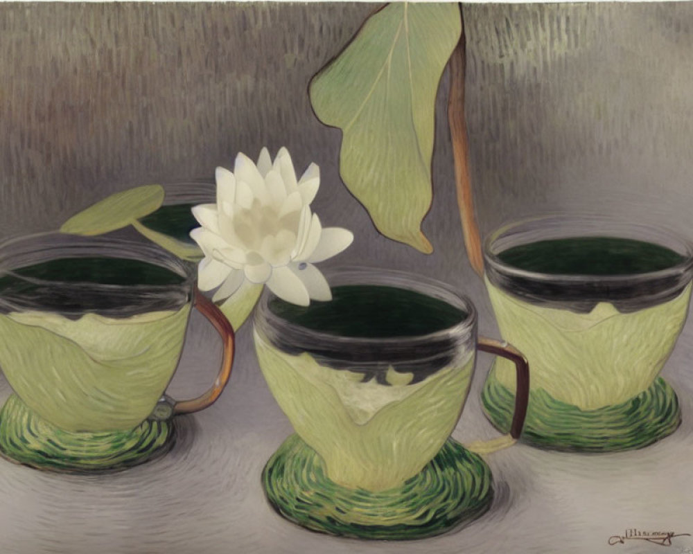 Three teacups with greenery and a white flower on a reflective surface