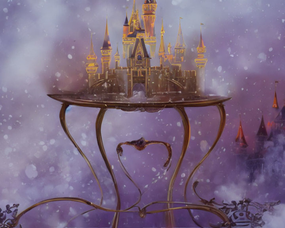 Fantastical castle on vine structure in snowy purple backdrop