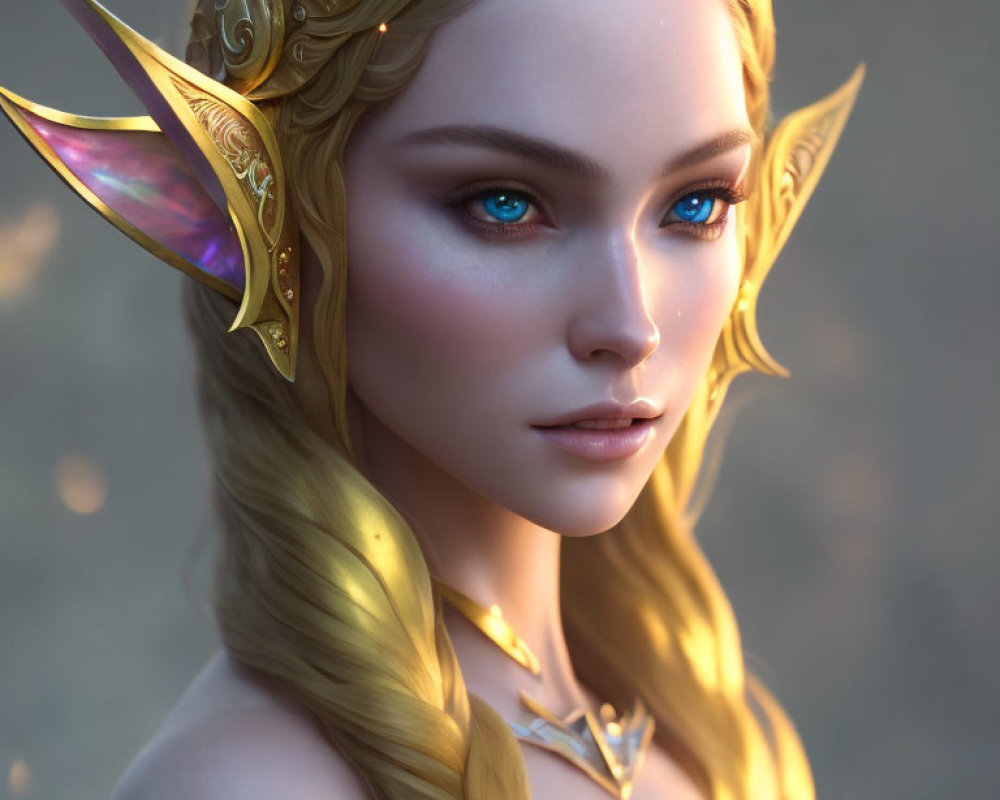 Fantasy elf with golden hair and blue eyes in ornate headpiece.