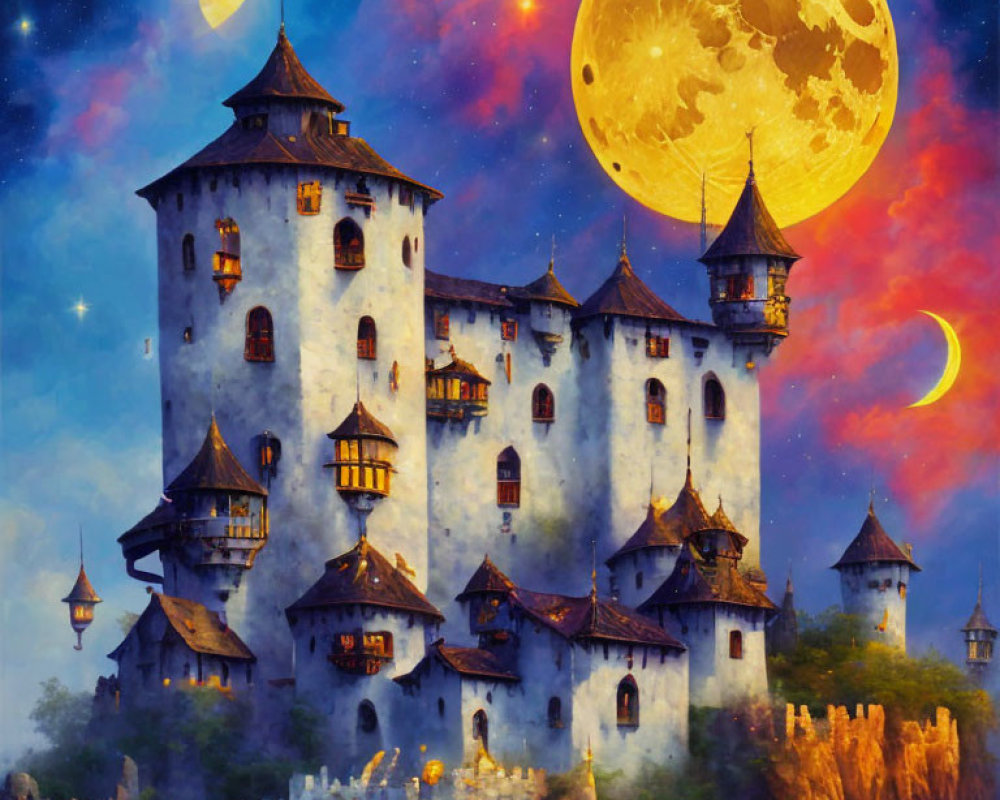 Fantastical Castle Twilight Sky with Moons and Planets