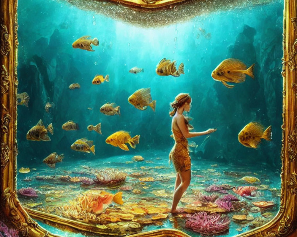 Person in dress underwater surrounded by fish near giant golden frame