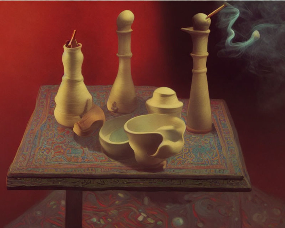 Wooden Chess Figures and Incense Burner on Ornate Table Painting