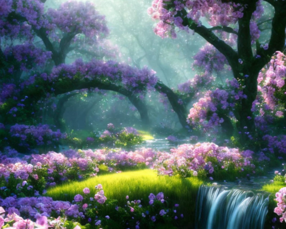 Tranquil landscape with purple flowering trees and small waterfall