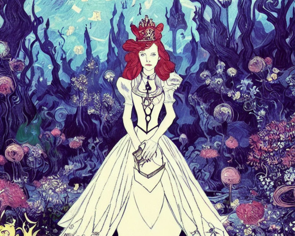 Illustrated queen in white dress and red crown in mystical forest with blue hues.
