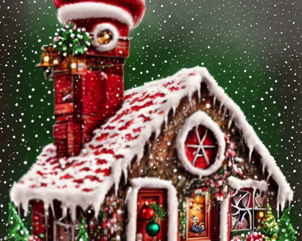 Gingerbread house with candy decor and Santa hat in snowy scene
