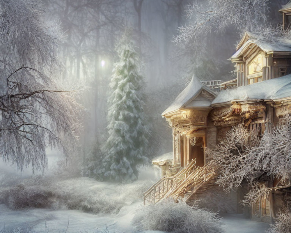 Frost-covered wooden house in snowy winter scene