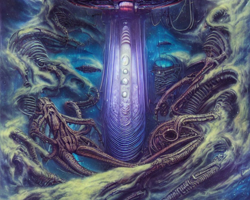 Alien structure emitting light surrounded by tentacled creatures in cosmic scene