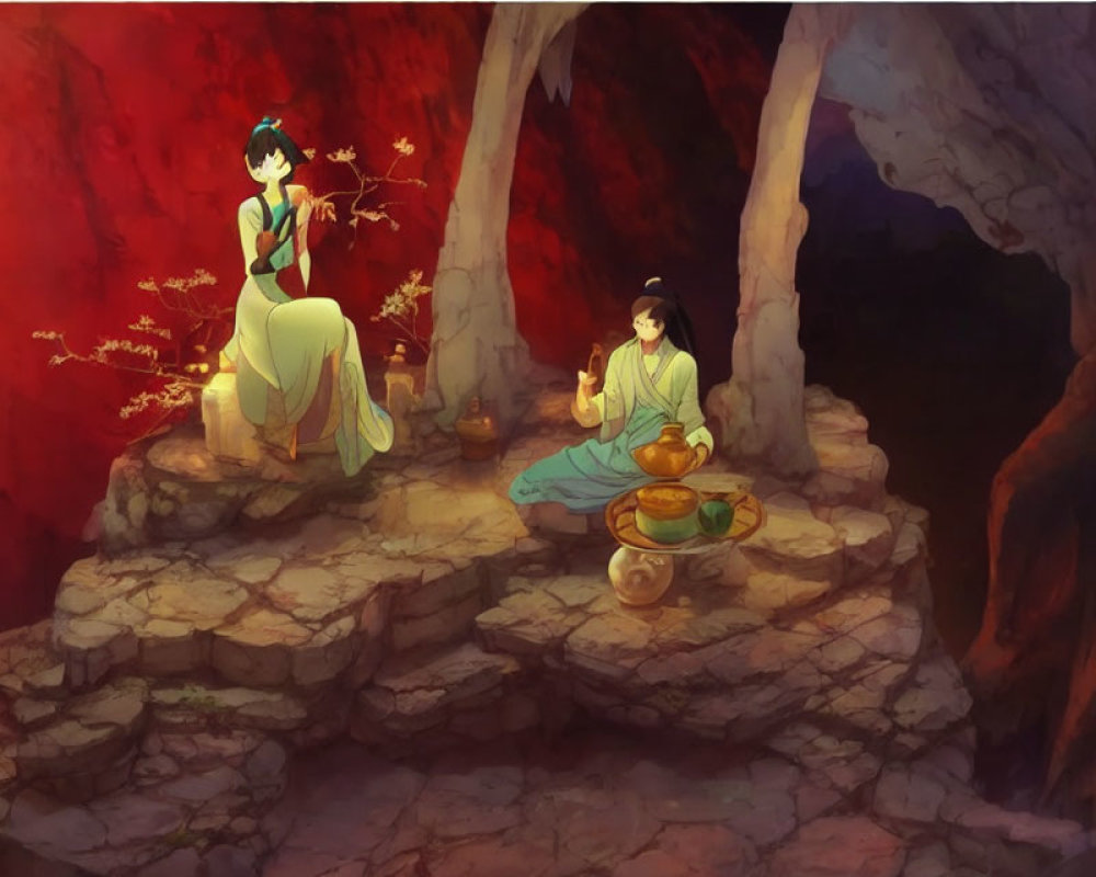 Animated characters in traditional attire having a peaceful meal in a mystical cave