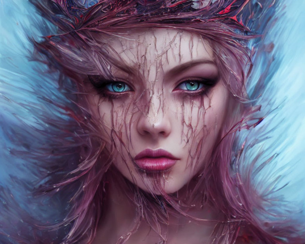 Fantasy female character with blue eyes, pink hair, crown, and fluffy fur