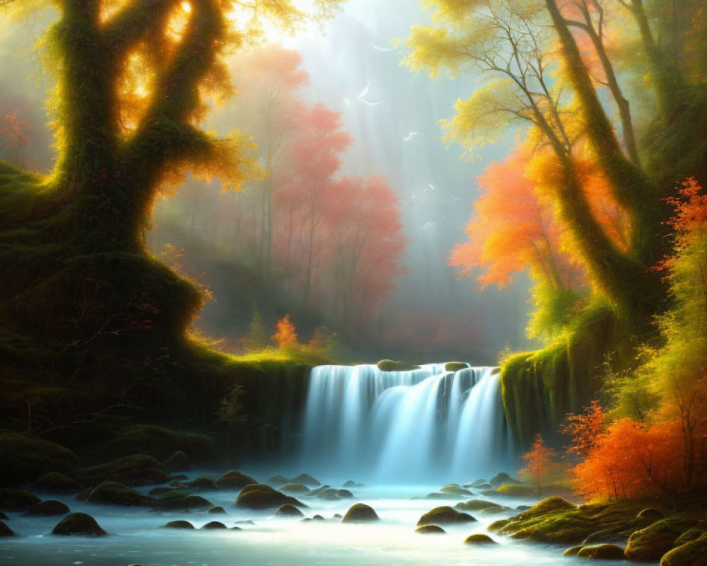 Tranquil waterfall in autumn forest under soft sunlight