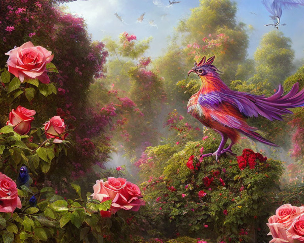 Colorful Crowned Bird on Bush of Red Roses in Magical Garden