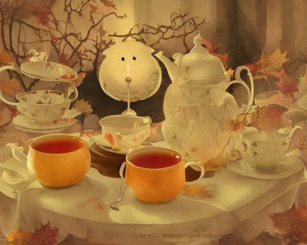 Autumn-themed illustration featuring pumpkin cups, teapot, fall leaves, and whimsical character