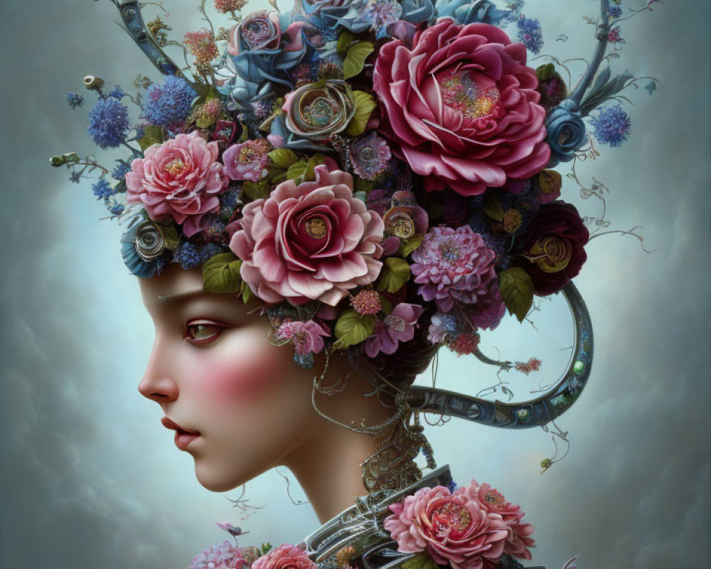 Digital artwork: Woman's profile with lush flower and mechanical headdress against cloudy sky