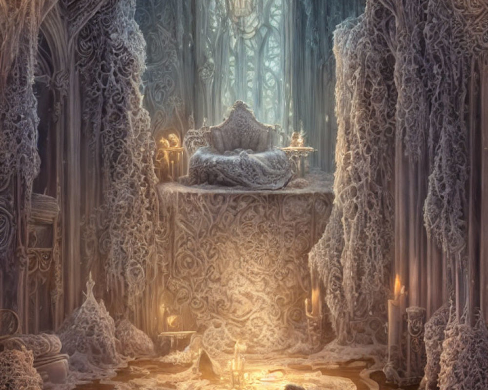 Luxurious Frost-Covered Room with Lavish Bed and Glowing Candles
