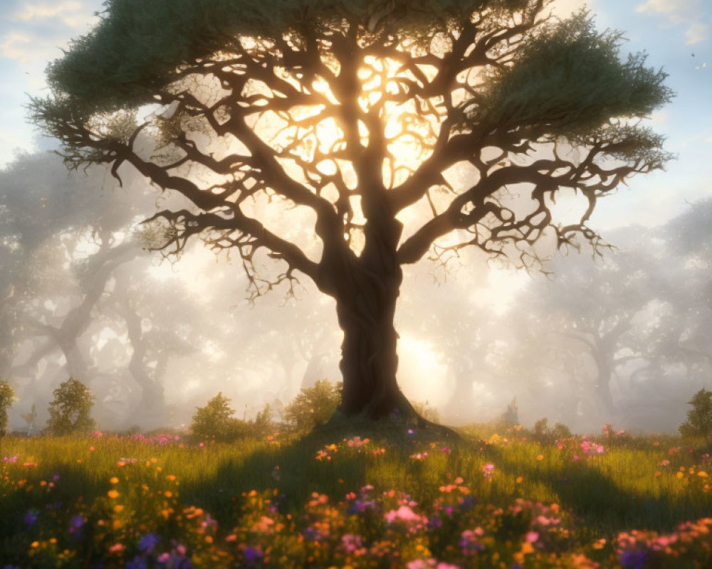 Majestic tree with thick trunk and sprawling branches in sunlit meadow