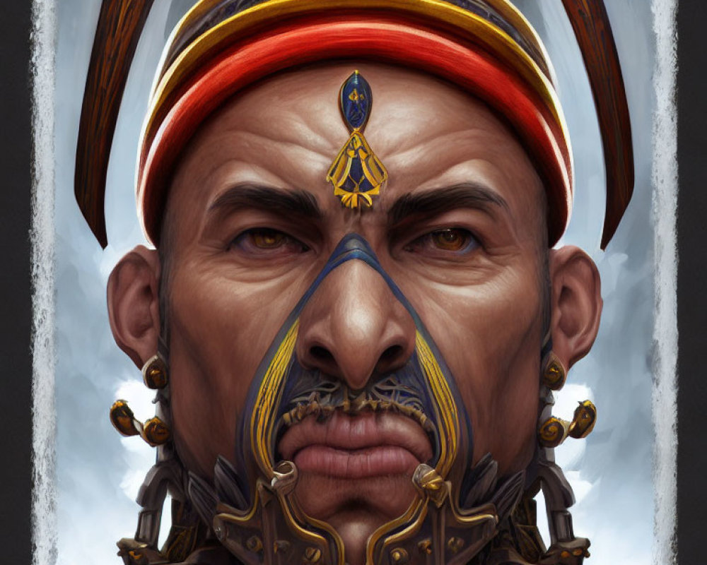 Detailed illustration of man in red and gold turban with stern expression