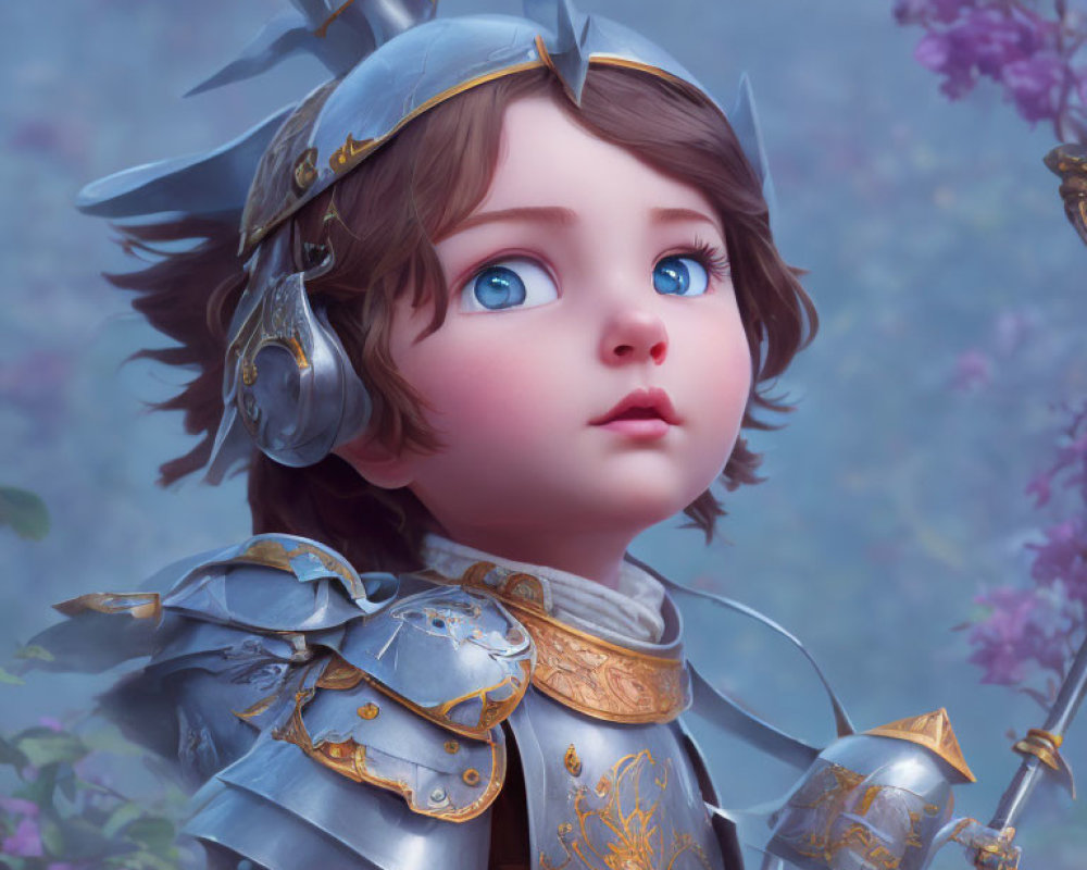 Young Knight in Silver and Gold Armor with Blue Eyes in Misty Flower-Filled Scene