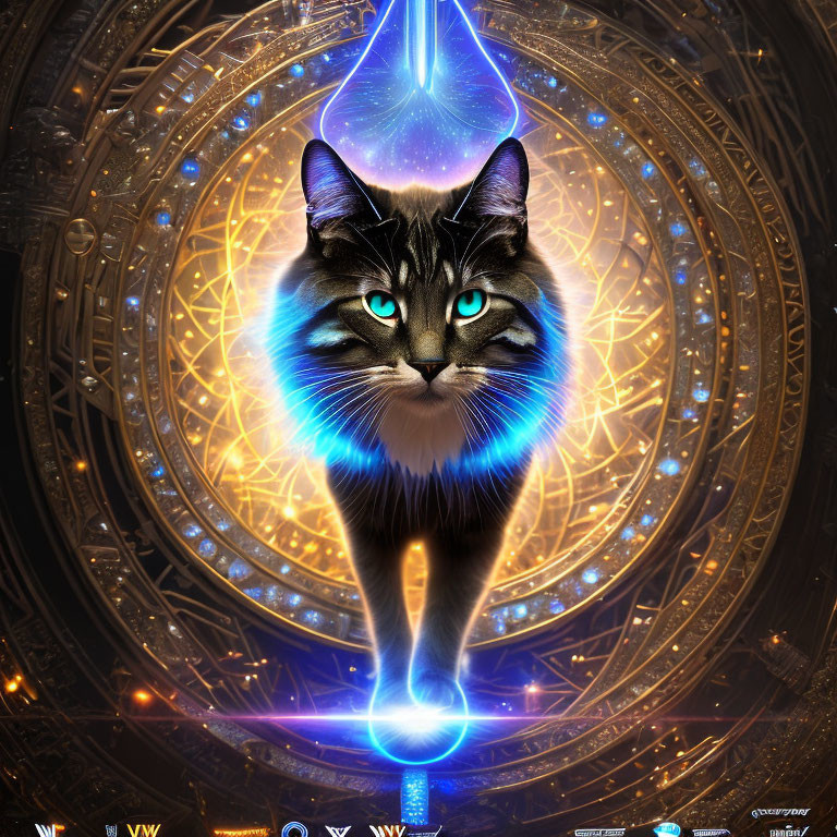 Blue and white mystical cat in cosmic portal with intricate designs