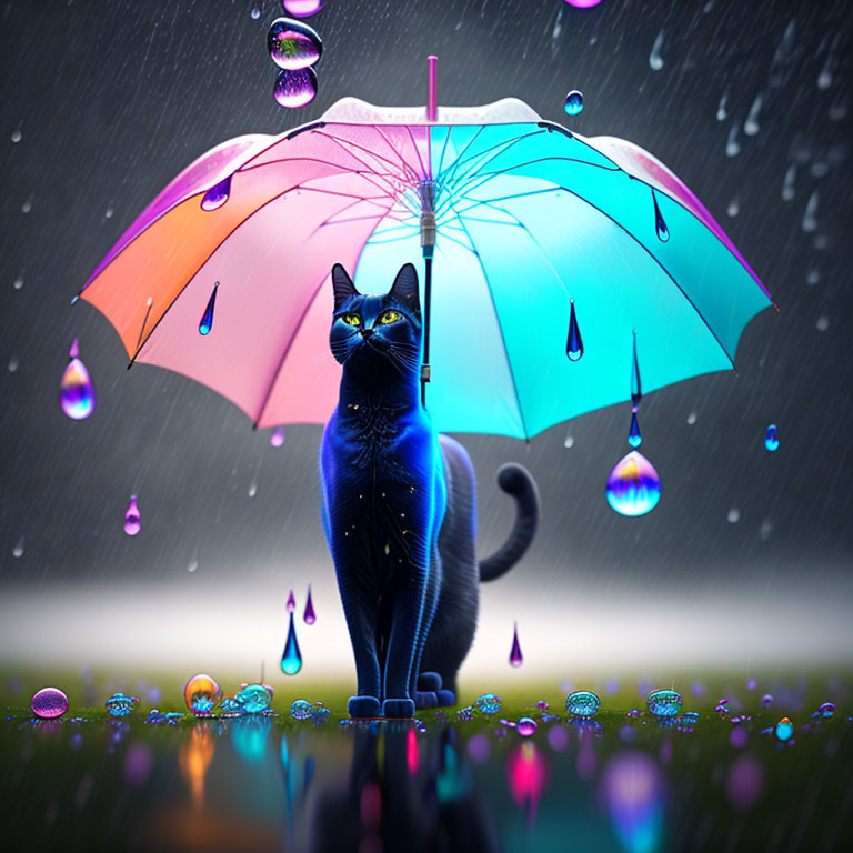 Black cat under colorful umbrella in rain with glowing raindrops on grass.