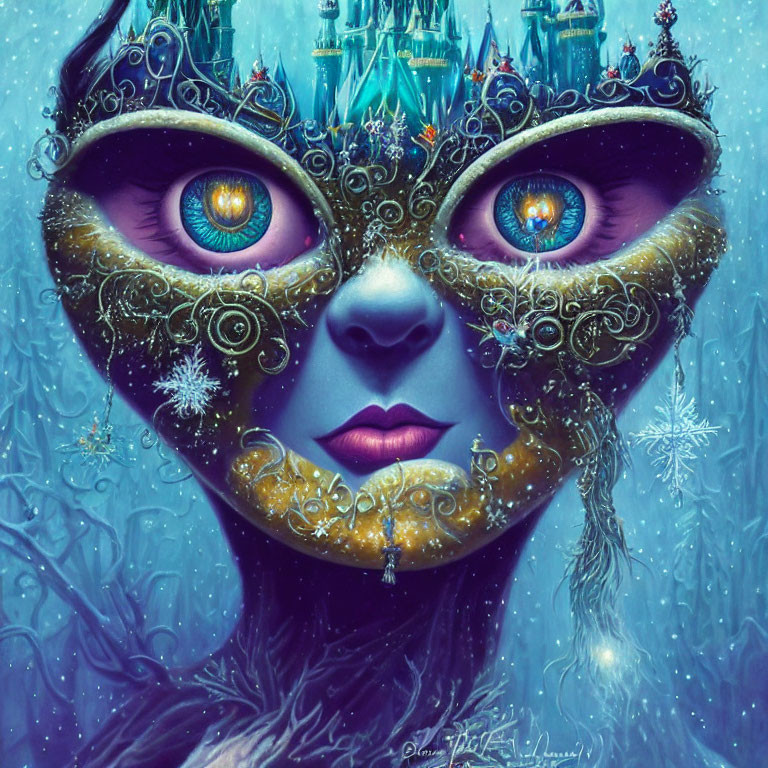 Detailed artwork: Face with purple eyes and golden mask in snowy castle setting
