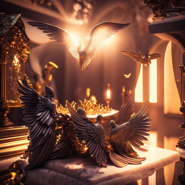 Golden-accented bird sculptures in serene, warm light