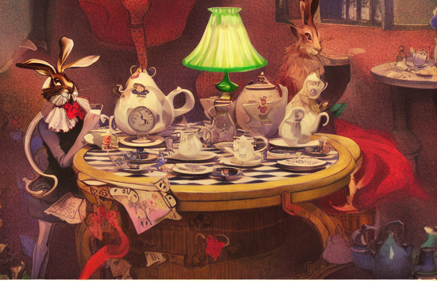 Anthropomorphic rabbit couple at lavishly set tea table with teapots, cups, and playing