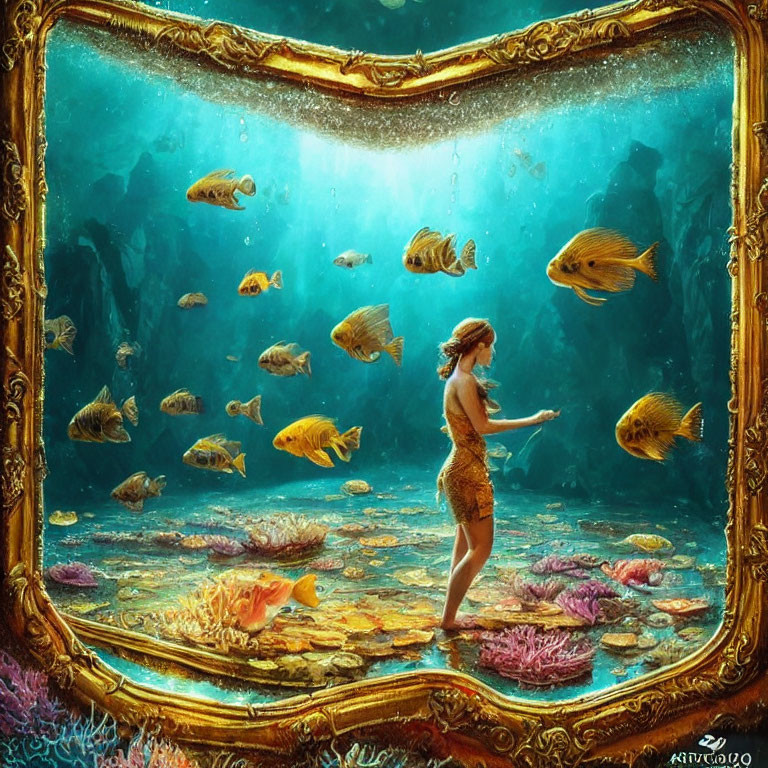 Person in dress underwater surrounded by fish near giant golden frame