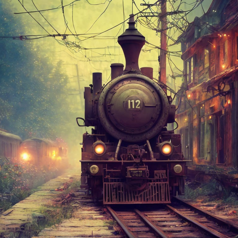 Vintage steam locomotive on misty tracks with old buildings and another train.