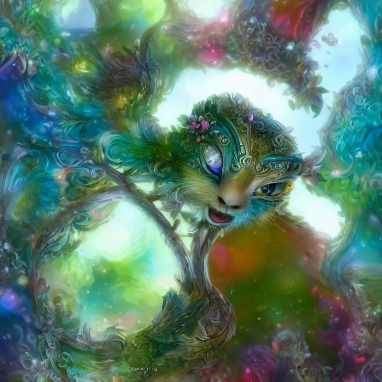 Illustration of cat-faced creature with jeweled filigree on colorful, swirling backdrop