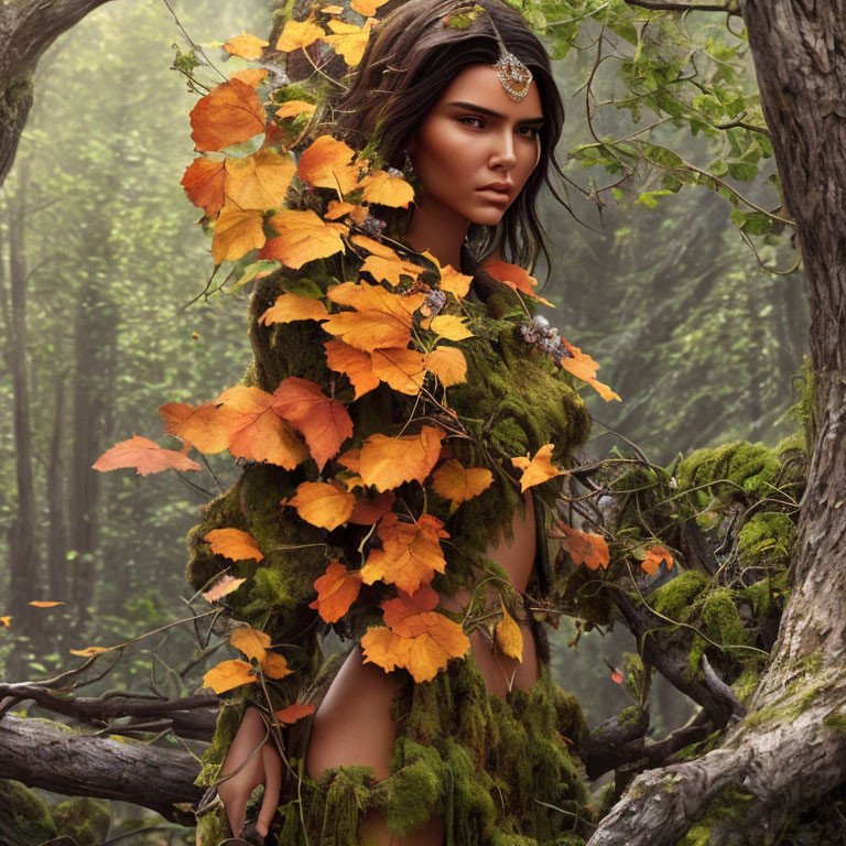 Mystical woman with striking eyes in forest setting