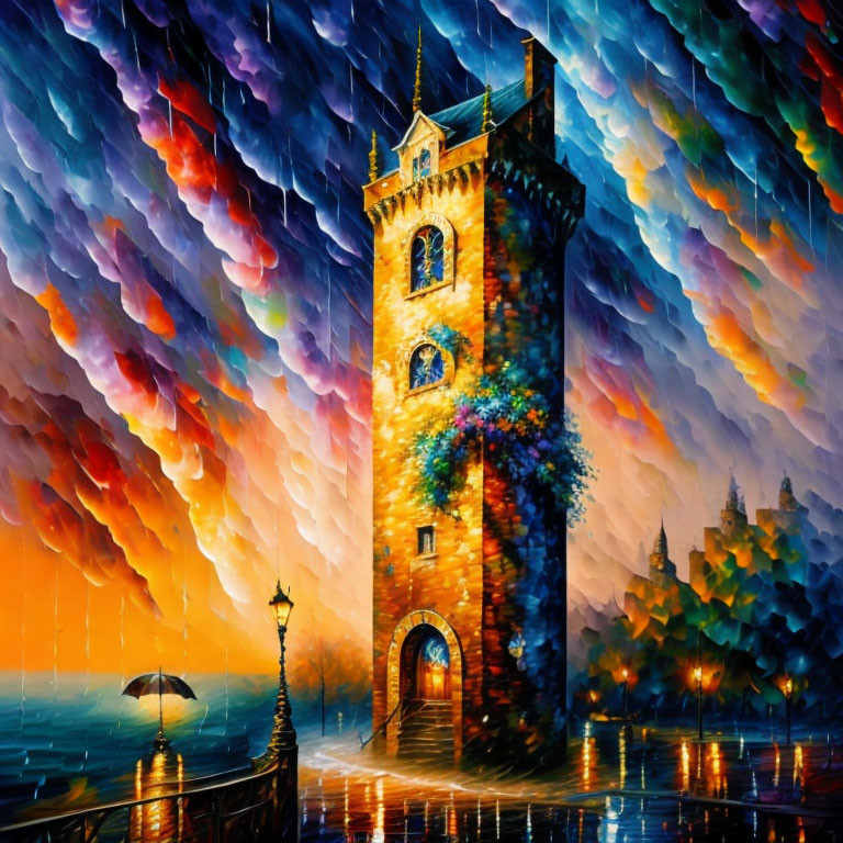Colorful expressionistic painting of a clock tower at night with wet pavement and abandoned umbrella