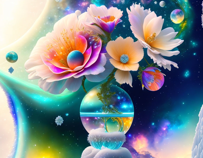 Colorful digital art of flowers, crystal ball, and cosmic scenery.