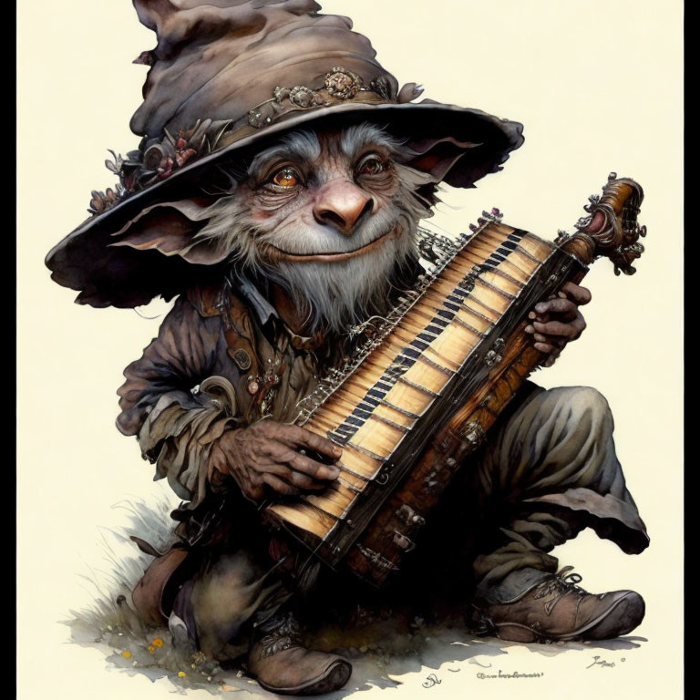 Whimsical elderly man creature playing string instrument