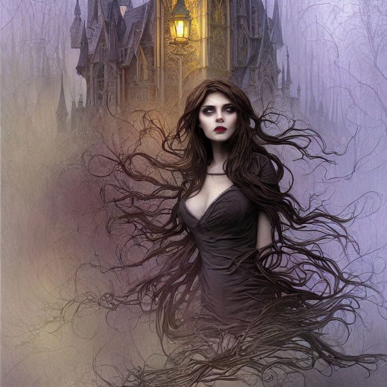 Dark-haired woman with red lips in front of eerie, foggy house