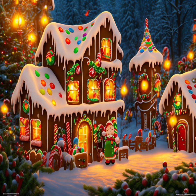 Festive gingerbread house scene in snowy Christmas setting