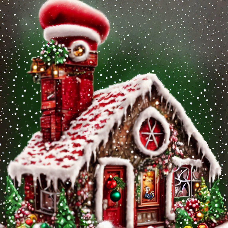 Gingerbread house with candy decor and Santa hat in snowy scene