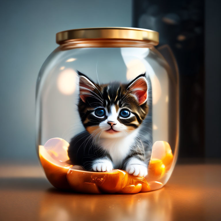 Black and White Kitten with Blue Eyes in Glass Jar with Glowing Lights