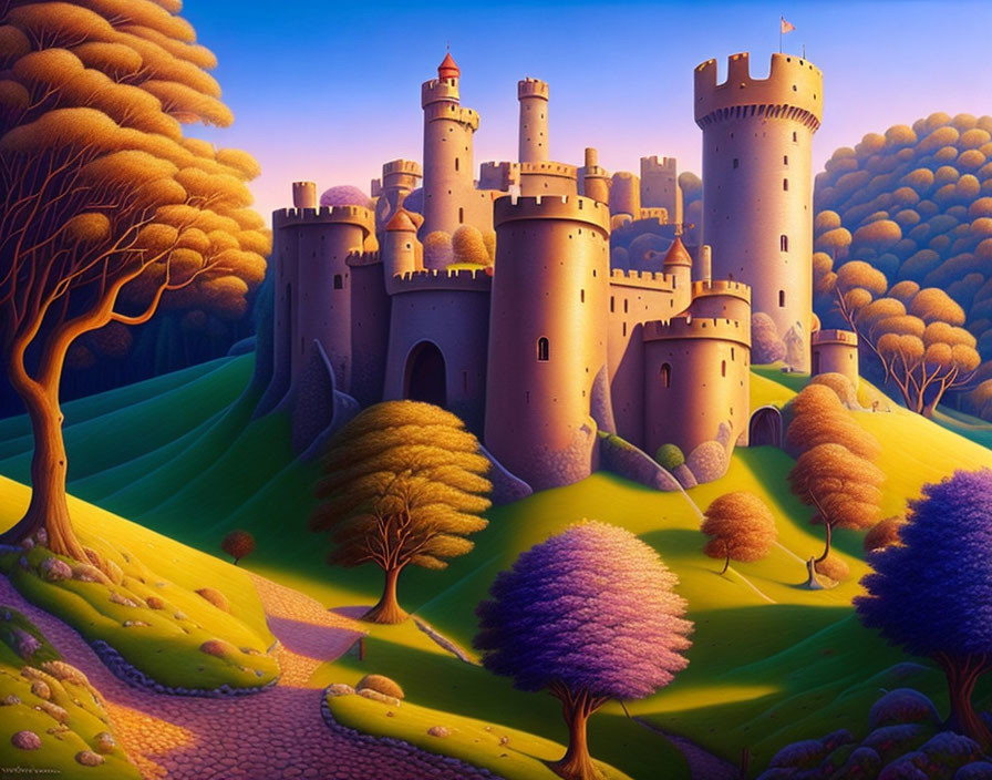 Majestic castle illustration in vibrant landscape with stylized trees