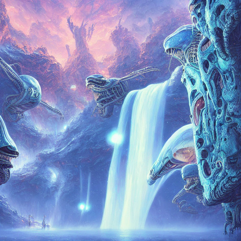 Alien architecture, waterfalls, glowing lights in sci-fi landscape