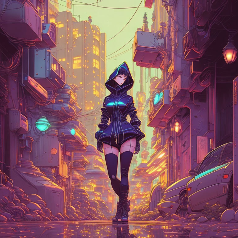 Futuristic city alley with hooded figure and neon signs