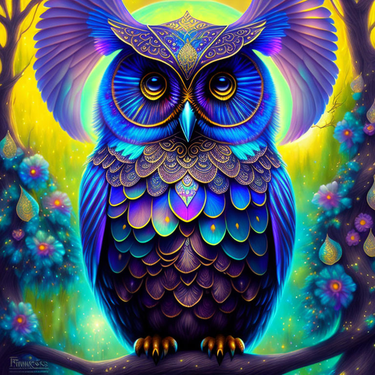 Colorful Stylized Owl Artwork in Mystical Forest