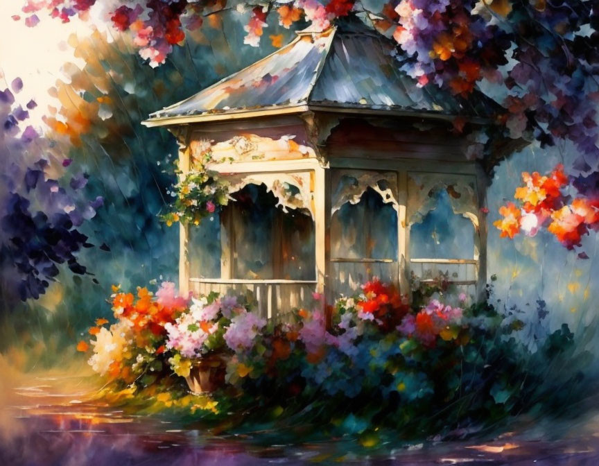 An old gazebo overgrown with flowers in an apple o