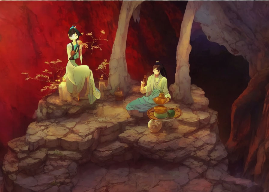 Animated characters in traditional attire having a peaceful meal in a mystical cave